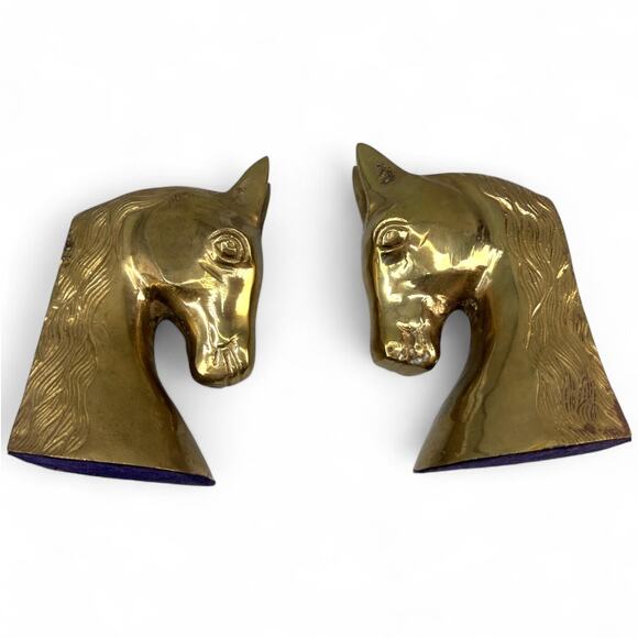 Vintage solid brass horse head sculpture bust Bookend Set of 2 Carved Equestrian